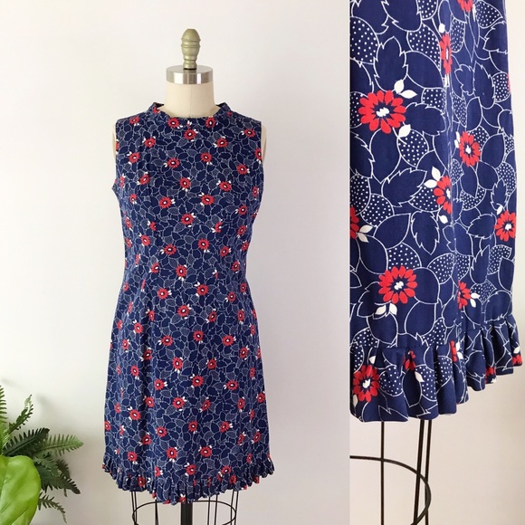 Vintage Dresses & Skirts - Vintage Red White & Blue Flower Dress Ruffled Hem